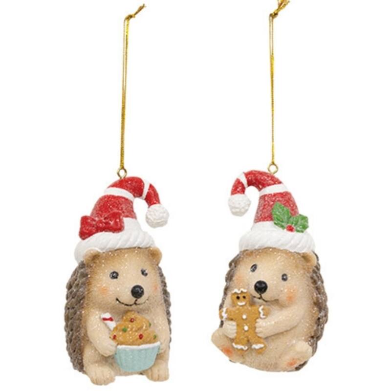 Multi-Color Resin Hedgehog Christmas Ornaments with Glitter & Ribbon, 2 Asstd. - 2 x 3 x 3.50 in. - Multi