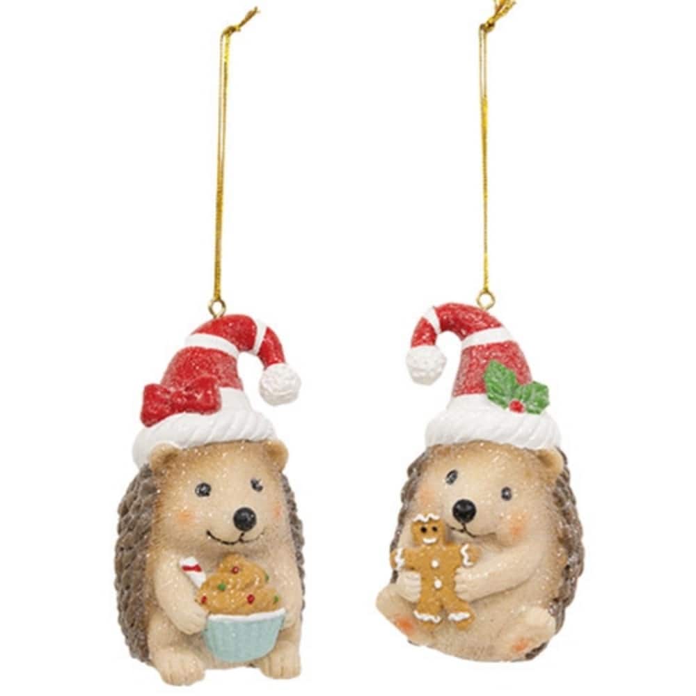 Multi-Color Resin Hedgehog Christmas Ornaments with Glitter & Ribbon, 2 Asstd. - 2 x 3 x 3.50 in.