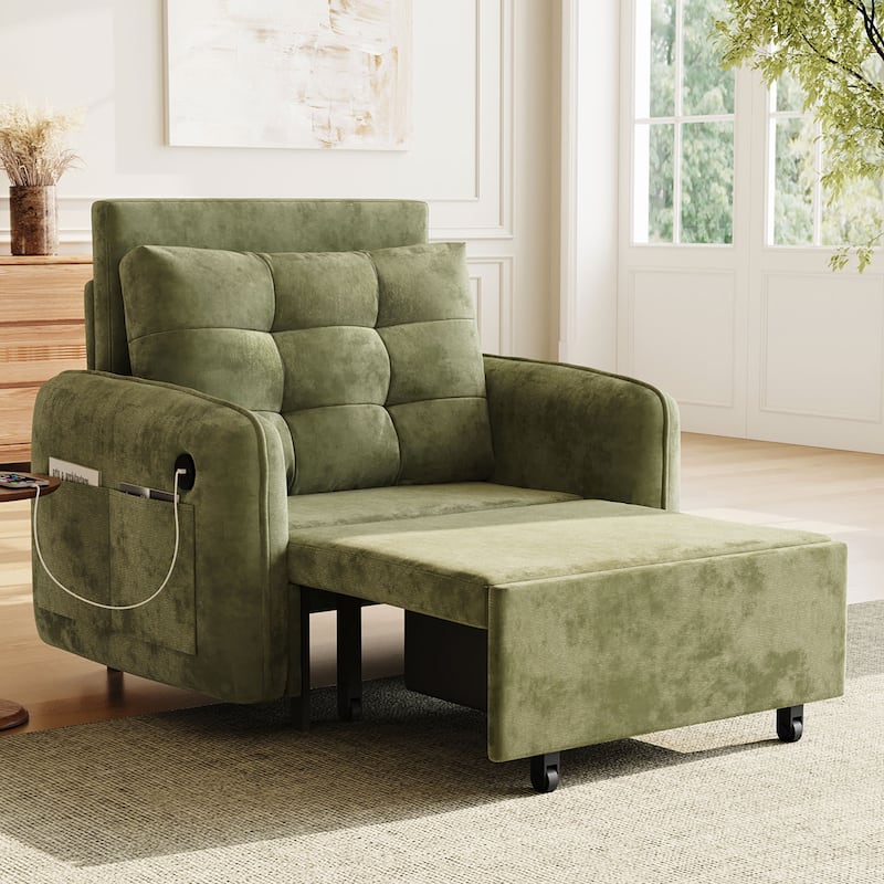 Convertible 3-in-1 Chair Bed Extra Long Pull Out Sleeper Lounge with USB Charging, Pockets, Tufted Design Chenille Single Sofa