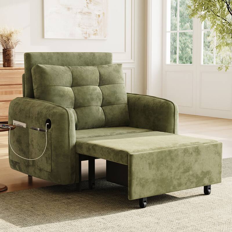 Roomfitters 3-in-1 Sleeper Chair Bed, 80'' Pull Out Lounge with USB Charging, Storage Pockets, Chenille