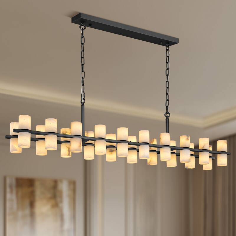 Modern Alabaster Glass Chandelier, Round or Linear Pendant Light with Up & Down Shades, D600-L1370, Copper or Black Finish - 40in - Black