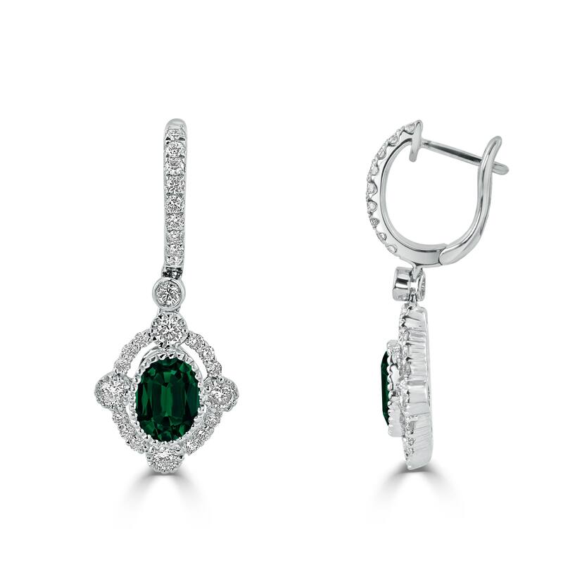 Auriya 1 3/8ct Fancy Oval-cut Emerald Halo Diamond Dangle Earrings 7/8ctw 18k Gold