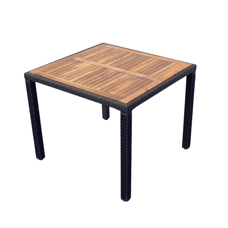 Outdoor Garden Black Wicker Dining Set with Acacia Wood Top, Cushions