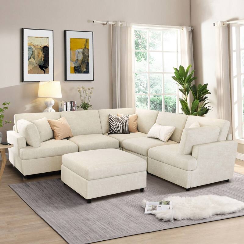 6-Piece U-Shaped Sectional Corner Sofa with Movable Ottoman and Durable Chenille Fabric for Versatile Living Spaces