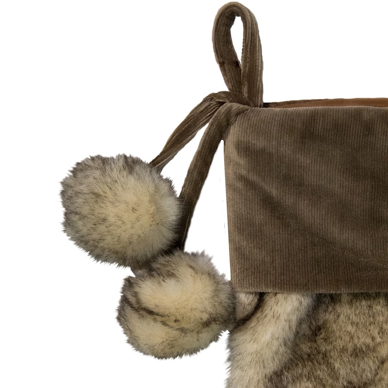 20.5-Inch Brown Christmas Stocking with Corduroy Cuff and Pom Poms - 20.5"