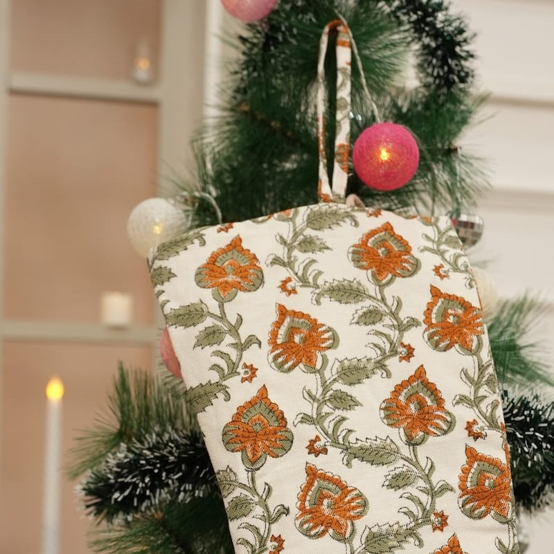 Fabdivine Hand Block Floral Print Christmas Knit Stockings, Home Decorative Gift Use - 16"X6.5"