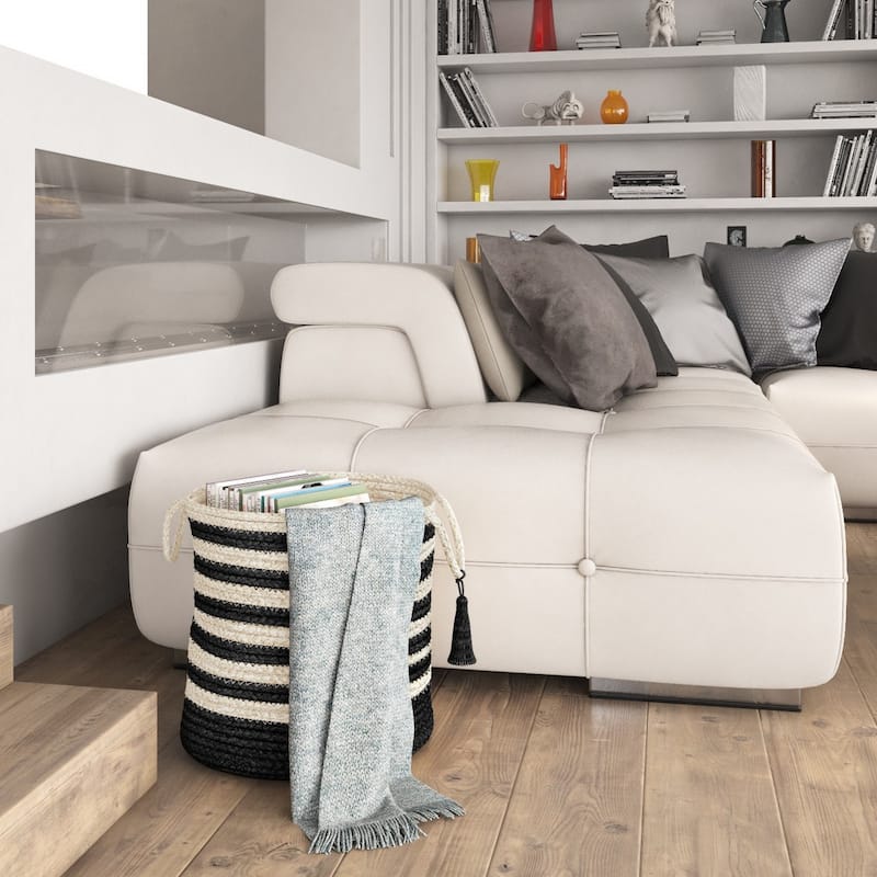 Sevita Striped Jute Hand-Stitched Storage Basket with Handles
