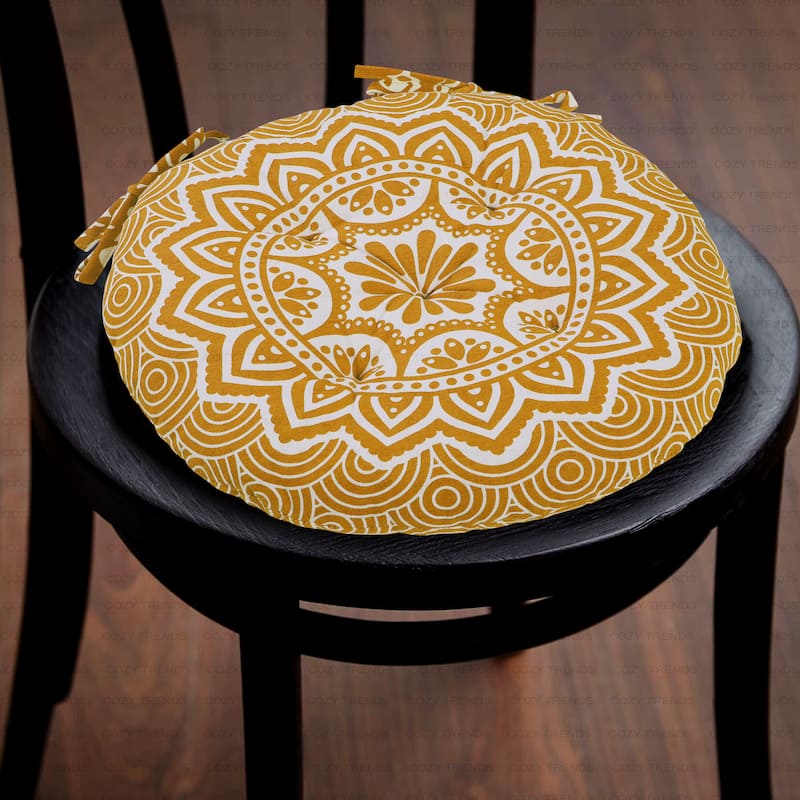 16" Round Tufted Chair Pads Cushions with Ties – Thick, Comfortable Seat Cushions for Dining Chairs/Office Chairs/ Bar Stool - Mustard