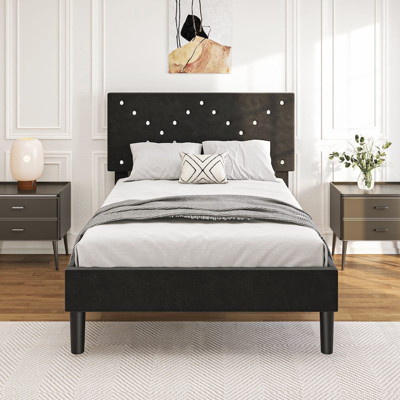 Upholstered Platform Bed, Full Size, Black with Padded Headboard & Heavy-Duty Metal Frame