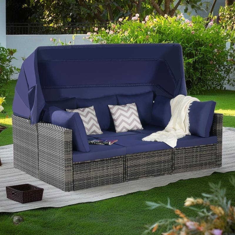 5-Piece Outdoor Patio Wicker Daybed Set with Retractable Canopy, Storable Table