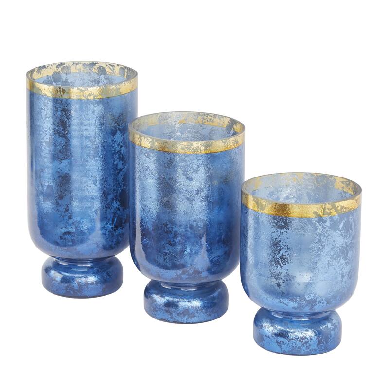 Glass Pillar Hurricane Lamp with Ombre Effect and Gold Interior - Set of 3 Silver, White, Blue - Roche River Decor
