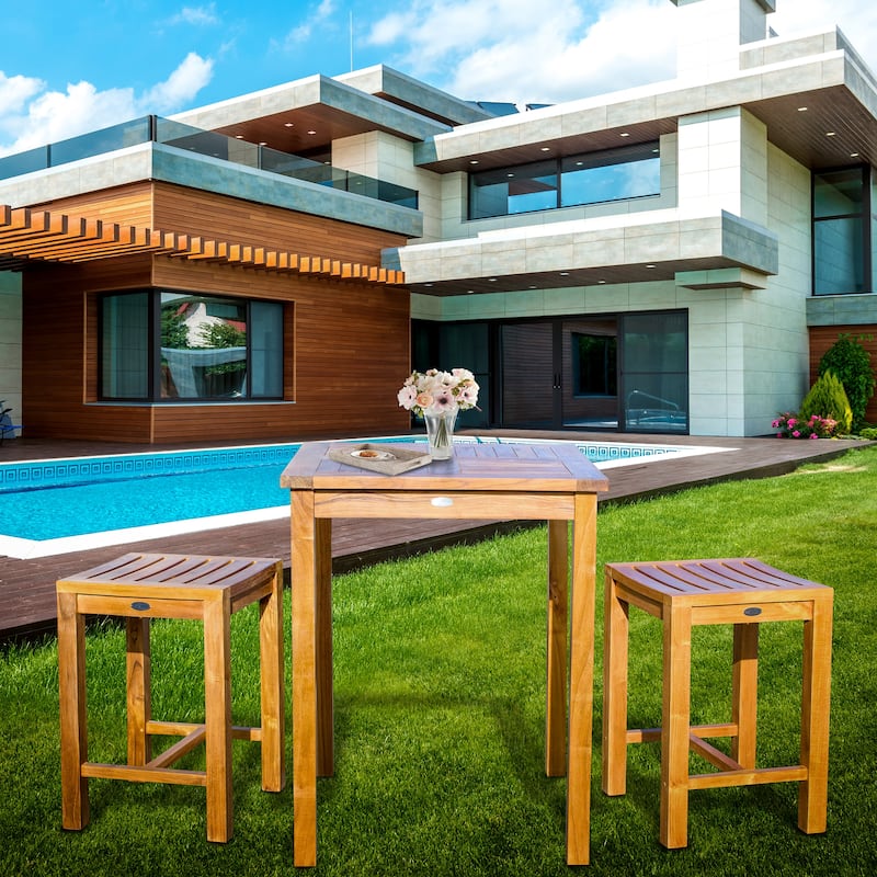 Chic Teak 3 Piece Teak Wood Seville Small Counter Height Patio Bistro Set, 2 Counters Stools and 27" Square Table
