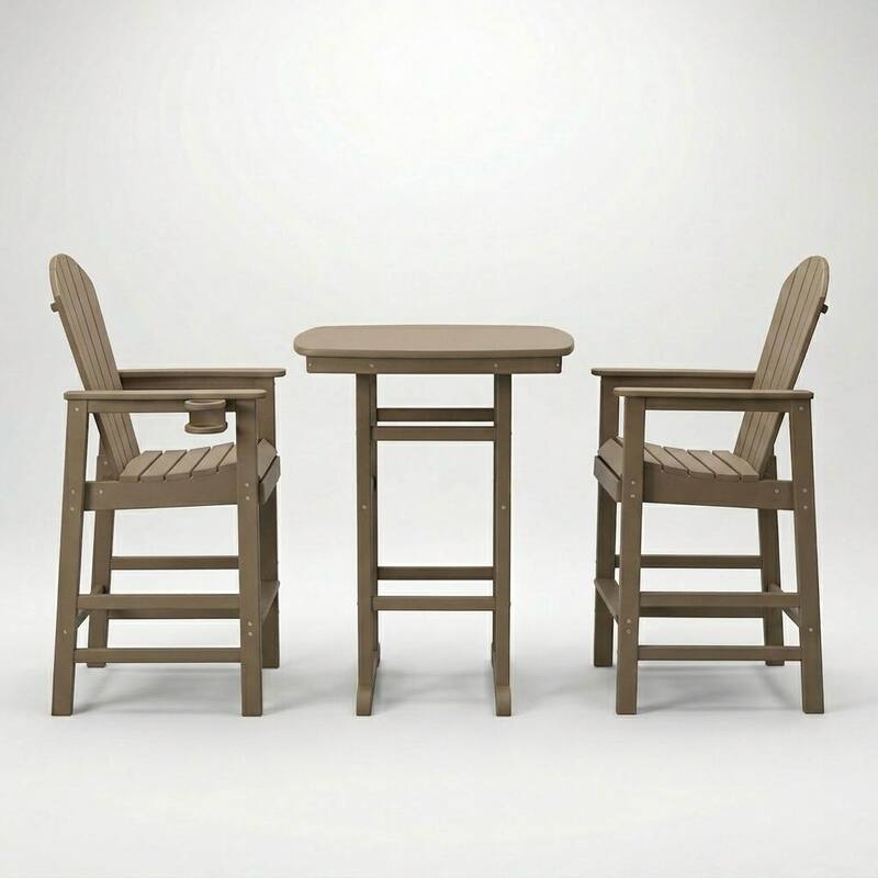 3-Piece HDPE Bar-Height Patio Set, 42.1" Square High Top Pub Table with Umbrella Hole + 2 Bar Stools with Cup Holders