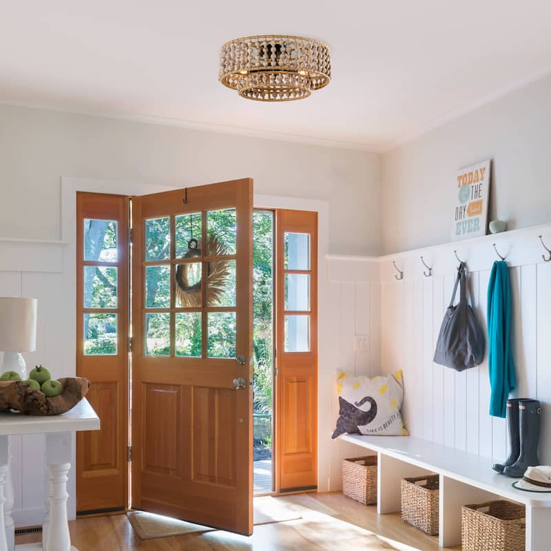 Farmhouse 3-Light Antique White Two-Tier Beaded Drum Flush Mount Ceiling Light - 15.75-in W