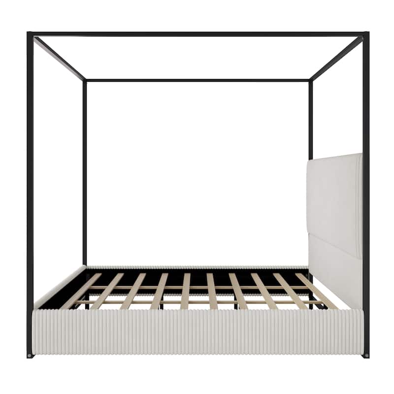Contemporary Corduroy Upholstered Canopy Bed with Tall Headboard & Sleek Metal Frame