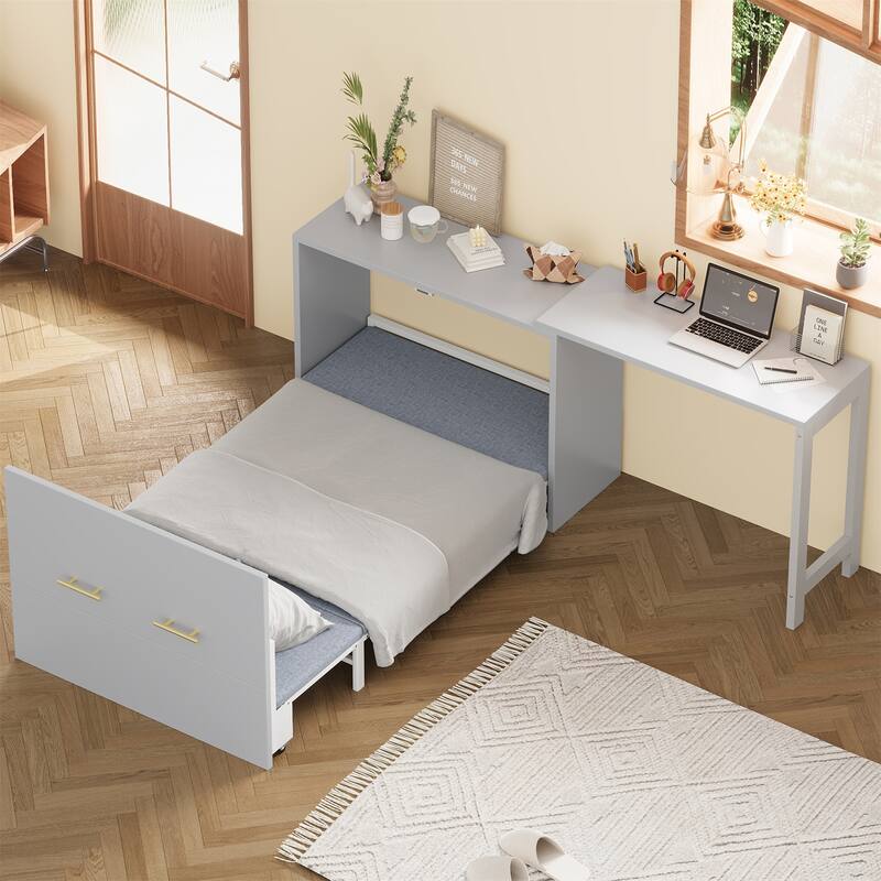 Twin Size Murphy Bed with Adjustable Position Desk,Foldable Cushion