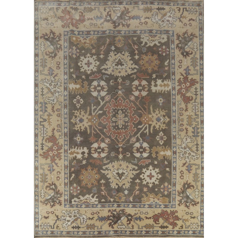 Earth Tone Brown Oushak Indian Area Rug Hand-Knotted Wool Carpet - 8'1" x 9'7"
