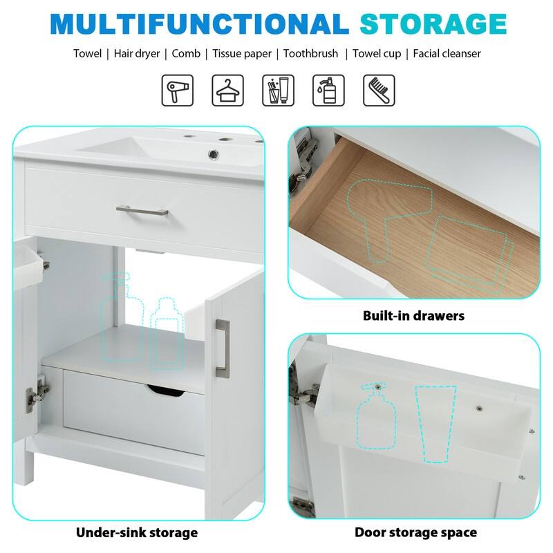 30'' Bathroom Vanity with Ceramic Sink Top, Bathroom Storage Cabinet with 2 Soft Close Doors, 1 Storage Shelf and Drawer