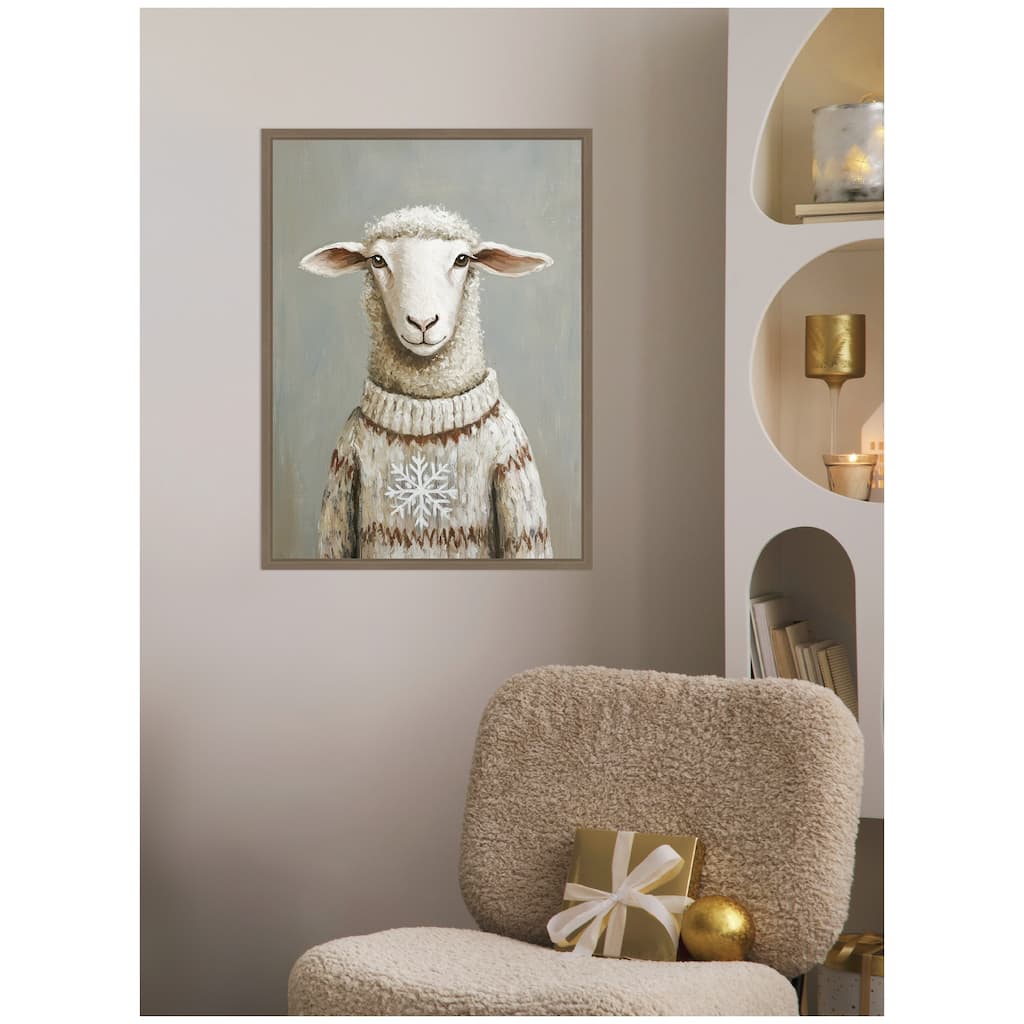 Kate and Laurel Sylvie Framed Canvas Sheep in Winter Snowflake Sweater by The Creative Bunch Studio