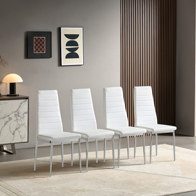 Modern Style Dining Chair Set for 4 with Comfortable PU Leather and Silver Chrome Plated chair legs,White