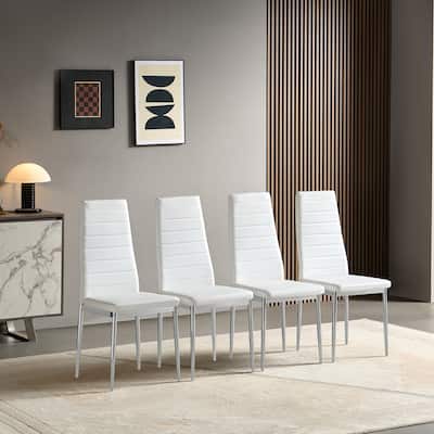 Modern Style Dining Chair Set for 4 with Comfortable PU Leather and Silver Chrome Plated chair legs,White