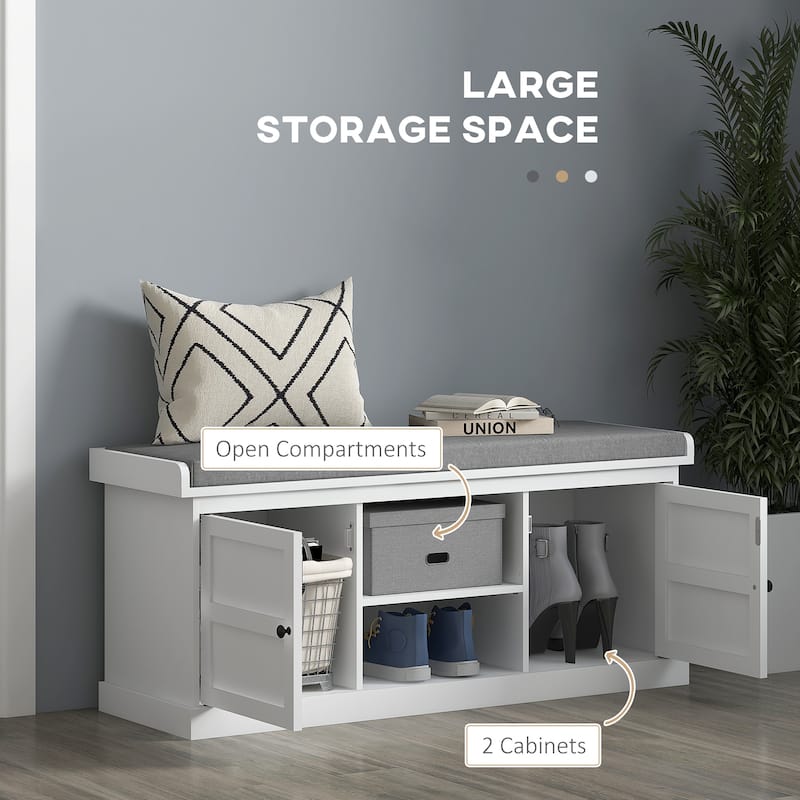 Shoe Storage Bench with Cushion Two Cabinets and Adjustable Shelves Modern Entryway Organizer in White or Gray