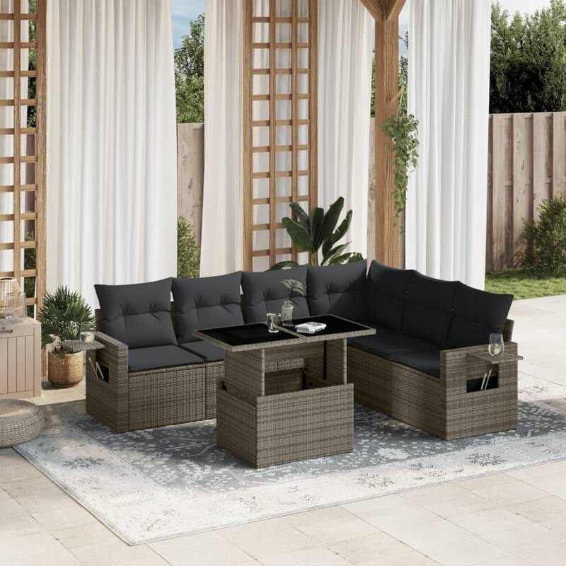 vidaXL Patio Sofa Set with Cushions Outdoor Furniture 7 Piece Poly Rattan - 21.7 x 39.4 x 28.7 - Grey-without storage