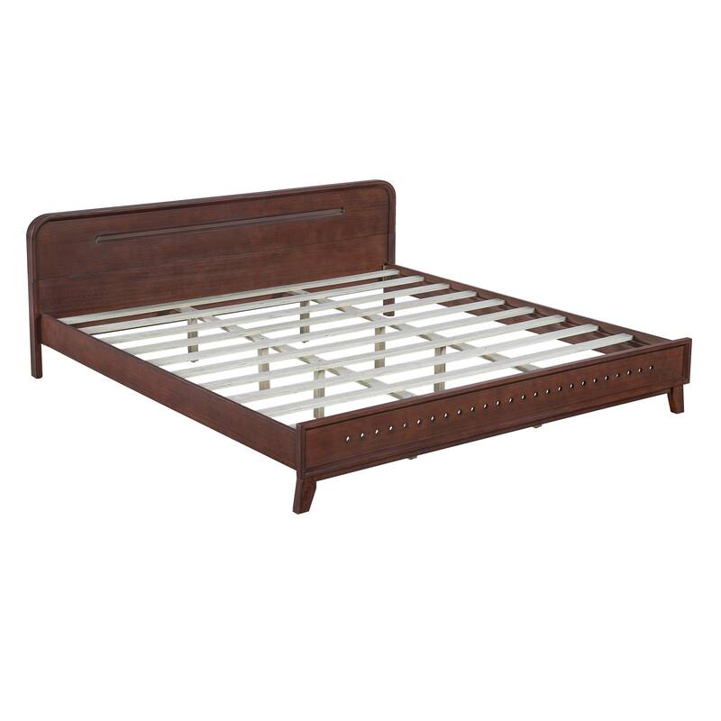 Rustic Pine Wood Bed Frame Low-Profile Platform Bed with Panel Headboard Solid Wood Slat Support and Extra Wide Thickened Legs