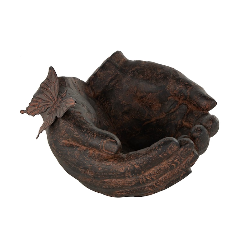 Dark Brown Resin Open Hands Decorative Sculpture with Butterfly and Copper Accents - 8"W x 8"L x 5"H