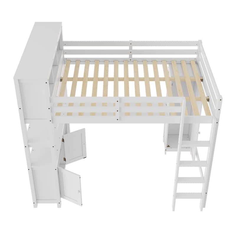 All-in-One Queen Size Loft Bed with L Shape Desk, Bookcase Headboard, Storage Cabinet and Built-in Wardrobe with Hanging Pole