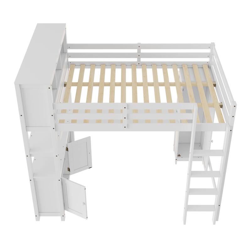 Wood Loft Bed with Cabinet and Bookshelf, Queen Size Loft with Wardrobe and Desk for Kids