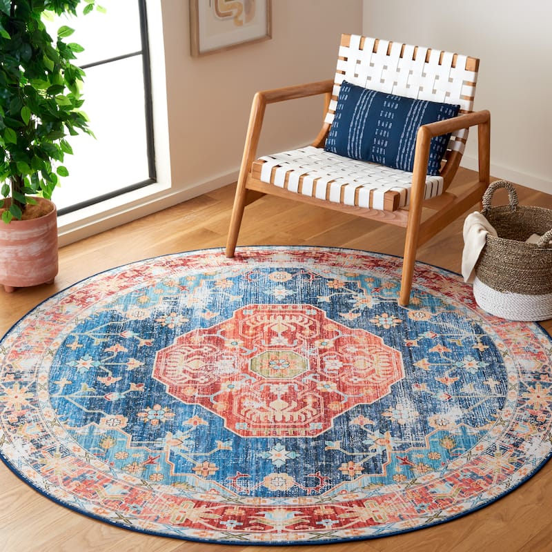 SAFAVIEH Tucson Hlin Transitional Machine Washable Rug - 6' Round - Rust/Blue