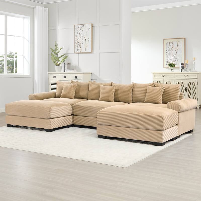 GDFStudio - Corduroy U-Shaped 3-Seater 130" Cloud Modular Sectional Couch with 2 Ottomans