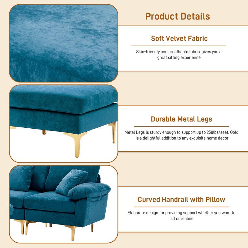 110" Upholstered Velvet U-shaped Sectional Sofa With Chaise Lounge & Ottoman - Blue