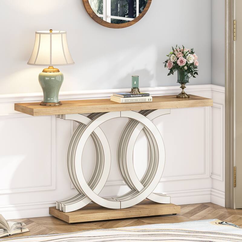 55 Inch Console Table with Geometric Base Wooden Hallway Table Vintage