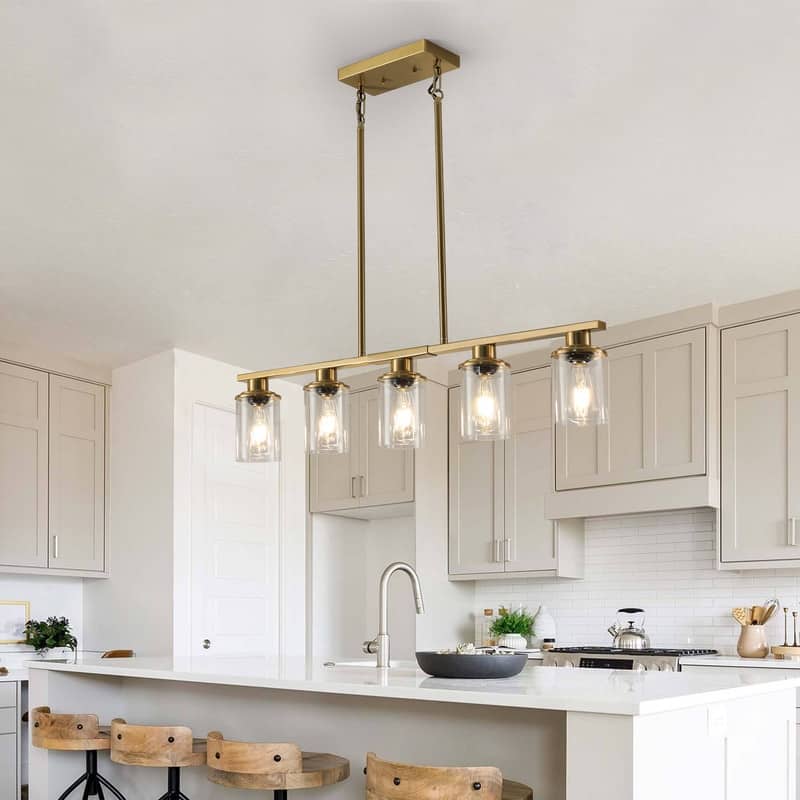 37-Inch Industrial Chandelier – 5-Light Golden Metal Frame with Clear Glass Shades,(Bulbs Not Included).
