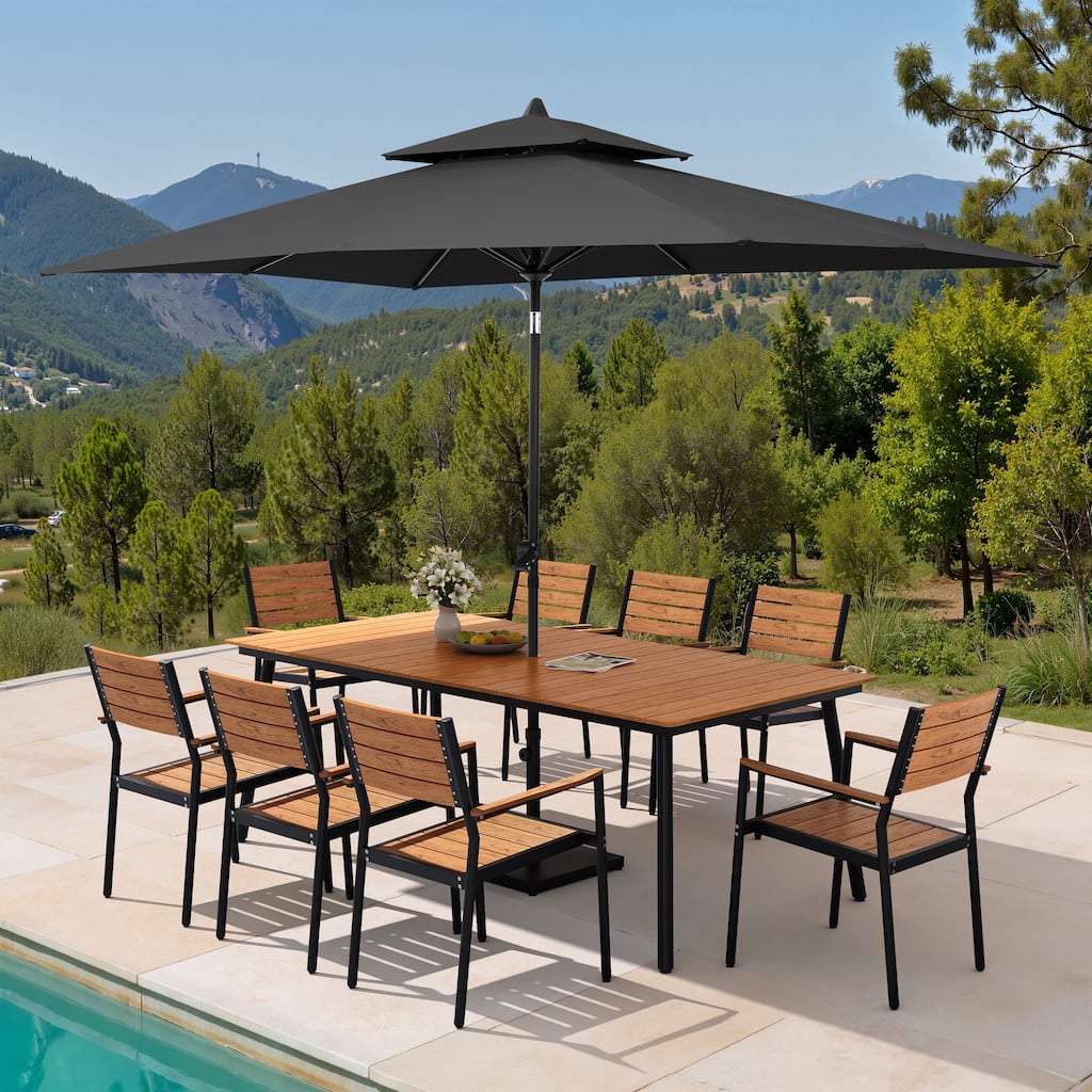 11PC Outdoor Patio Dining Set WoodLike Aluminum Umbrella Hole Table with Stackable Armchairs,Double Top Market Umbrella and Base