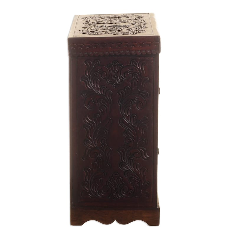 Novica Handmade Colonial Flowers Leather And Wood Jewelry Chest