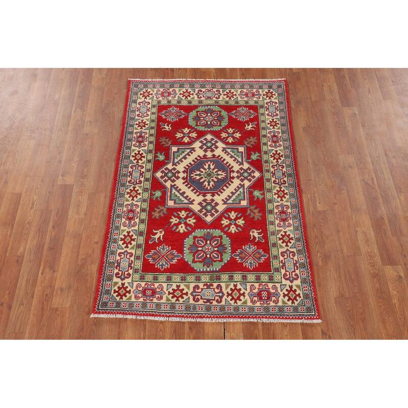 Red Kazak Oriental Foyer Rug Hand-Knotted Wool Carpet - 3'3" x 4'10"