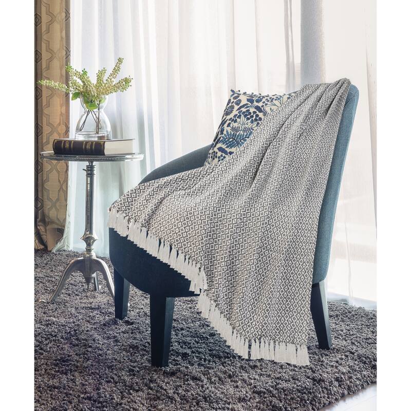 Sevita Gray and Ivory Diamonds Fringe Standard Size Throw Blanket