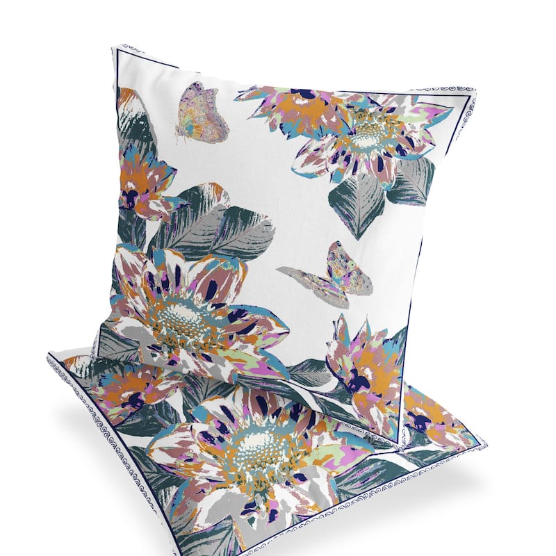 HomeRoots Set of Two 16" X 16" Pink and White Butterfly Blown Seam Floral Indoor Outdoor Throw Pillow - 16.00' X '16.00' X '5.00