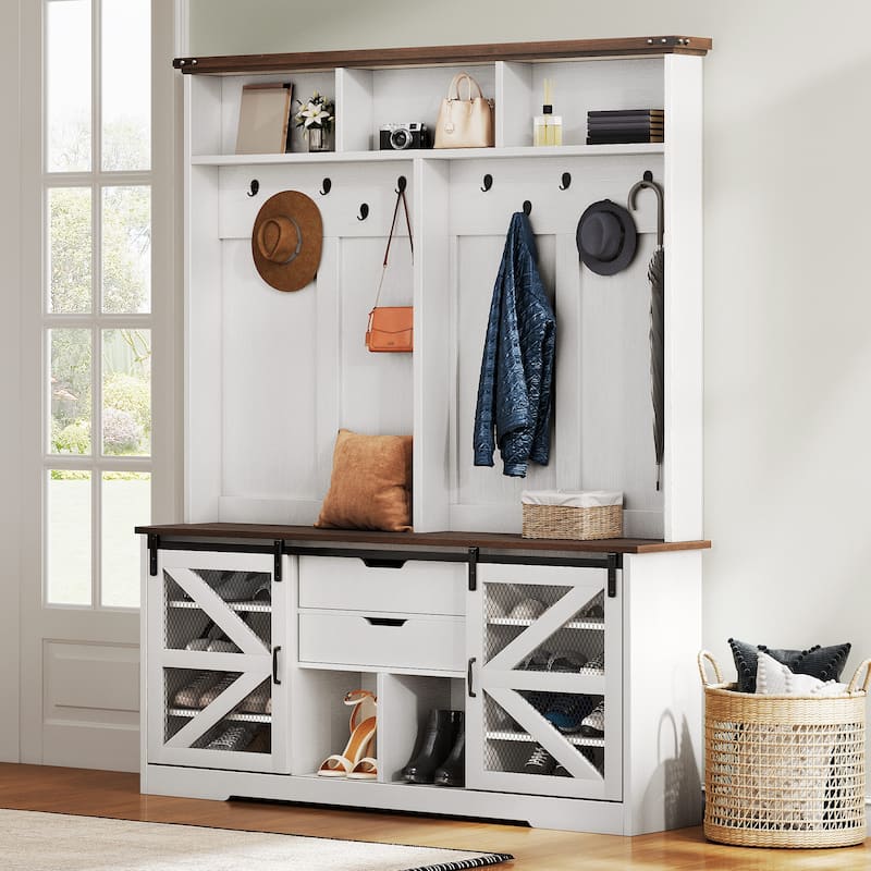 Moasis Farmhouse Hall Tree with Bench and Shoe Storage, 2 Drawers Coat Rack for Entyrway - White