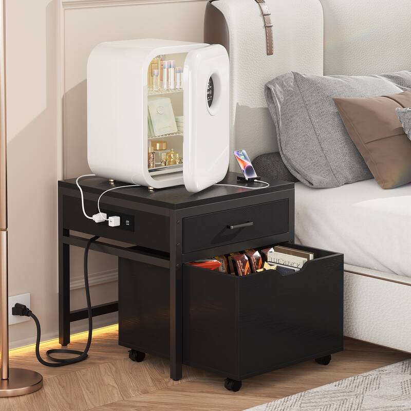 Modern Farmhouse Nightstand with Charging Station, Living Room End Table with Rolling Cabinet