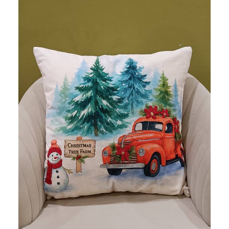 Vibhsa Alpine Holiday Christmas Tree Farm Red Truck Pillow, 20" x 20"