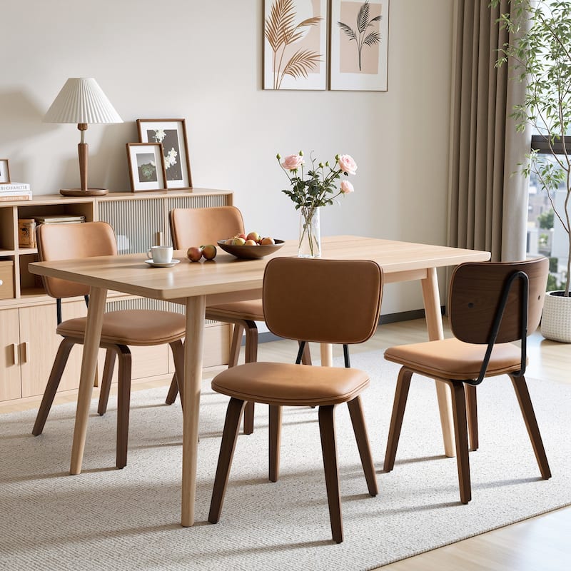 Faux Leather Upholstered Dining Chairs Set of 2/4 with Wood Legs - 32.3"H x 18.5"W x 21.8"D - Set of 4 - Brown-PU back