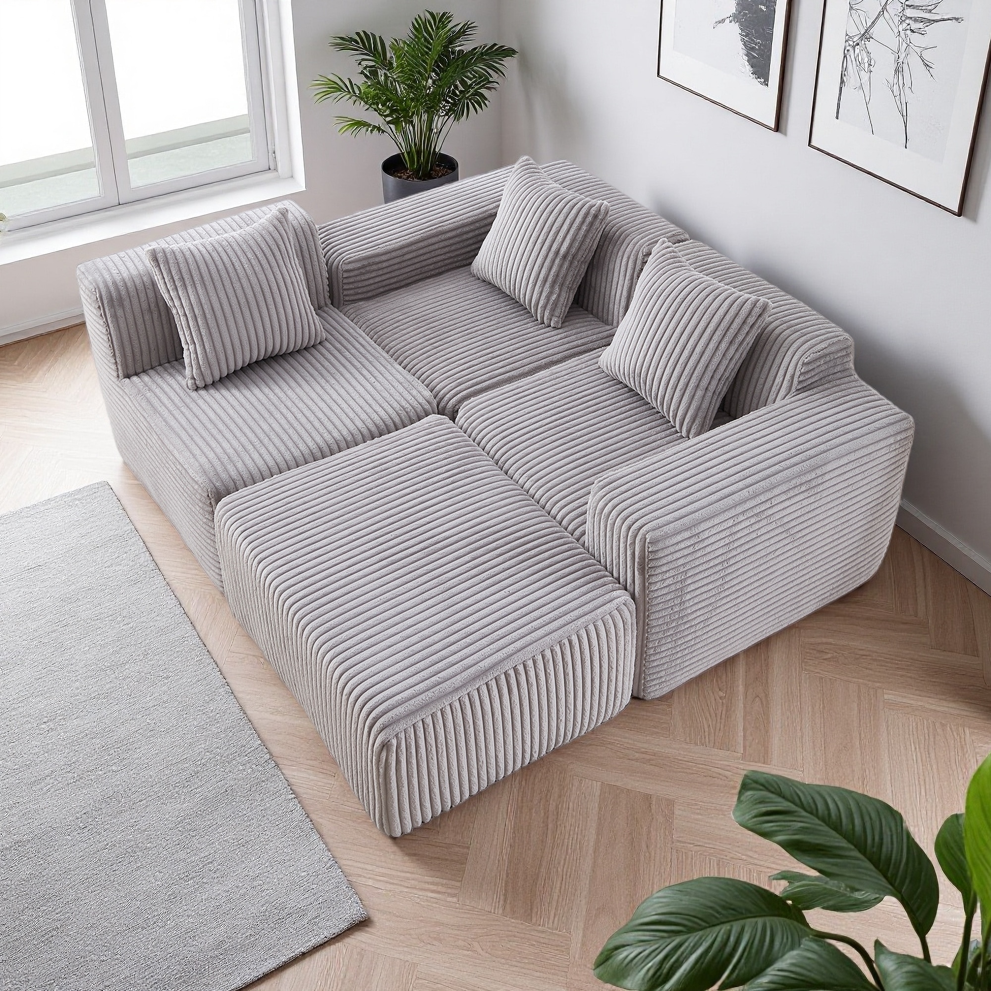 125" Fabric L-Shaped Modular Sectional Sofa with Ottoman Included and Deep Seats