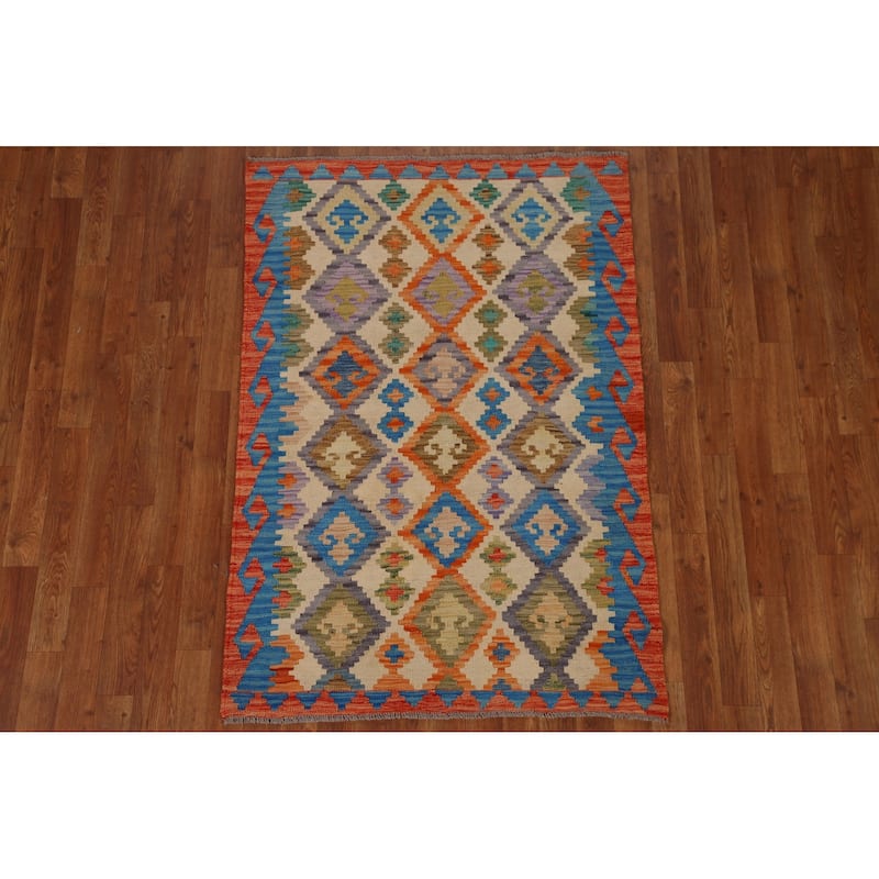 Geometric Kilim Area Rug Hand-woven Wool Carpet - 3'3" x 4'9"
