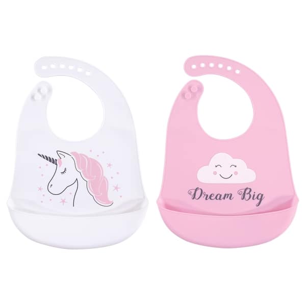 slide 1 of 1, Hudson Baby Infant Girl Silicone Bibs 2pk, Unicorn, One Size - Unicorn - One Size One Size - Unicorn