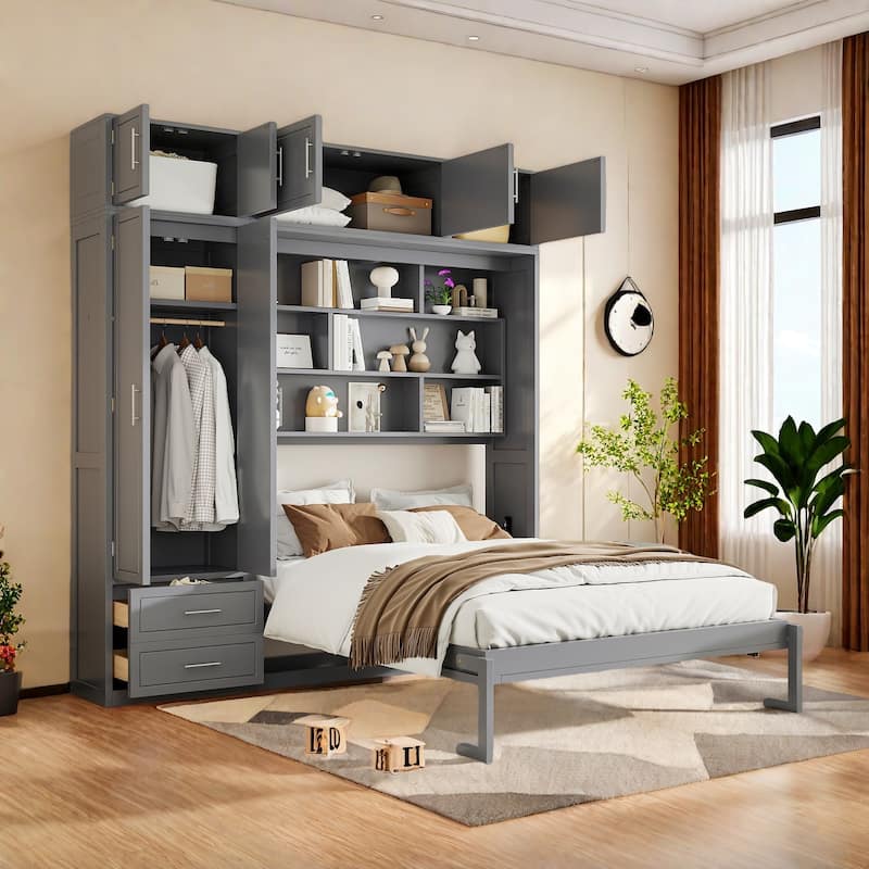 Queen Size Murphy Bed with Storage - Space-Saving Wall Bed with 3 Cabinets, Wardrobe and 2 Drawers - Gray