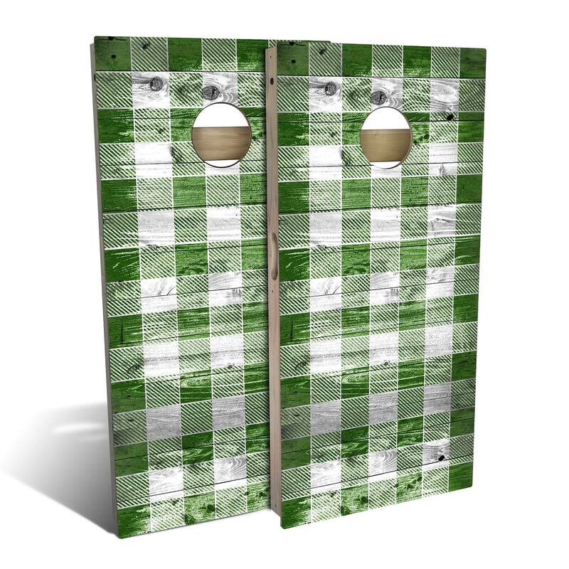 Green Checkered Outdoor Cornhole Board Set - Backyard 2x4 - Include Case + Hole Lights